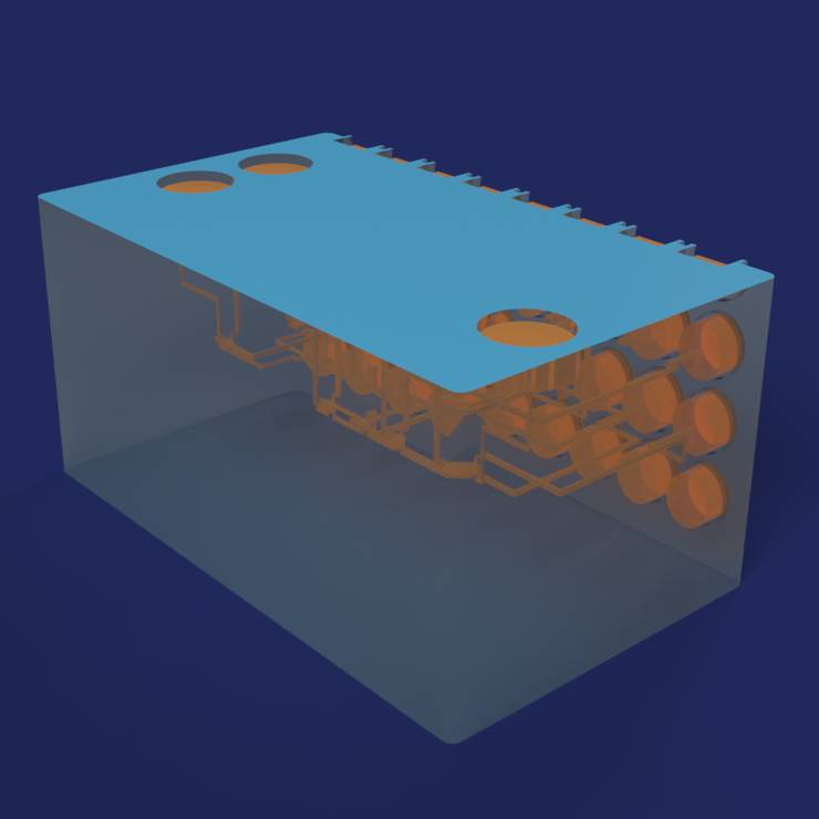 A computer render of the BYU combined pump and mixer chip part-way through a print: a translucent resin block with the amber internal channel and chamber network sealed inside it, and the cyan cross-section being cured across the top.