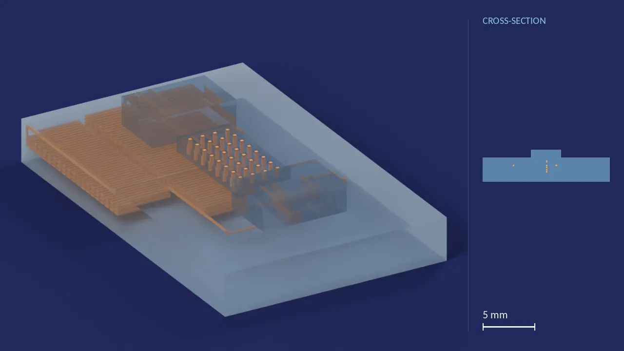 Albumin Urinalysis Chip. A computer render of the design, not a photograph: its body drawn see-through, its channels in orange. The chip is 19.4 mm × 12.2 mm × 3.8 mm. Beside it, its cross-section across the middle.