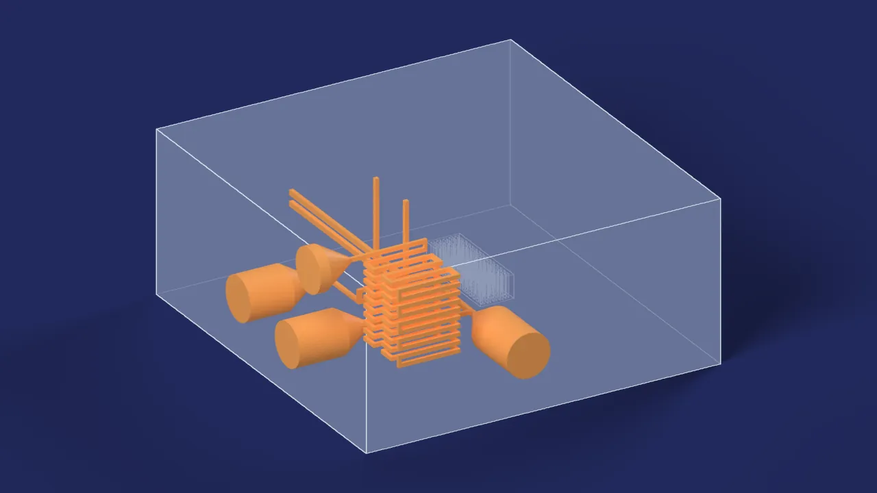 Hydraulic observation chip. A computer drawing from its design files, not a photograph: its body drawn see-through, its channels in orange. Its bubble trap, a sealed pocket that holds no liquid, is not drawn in orange.
