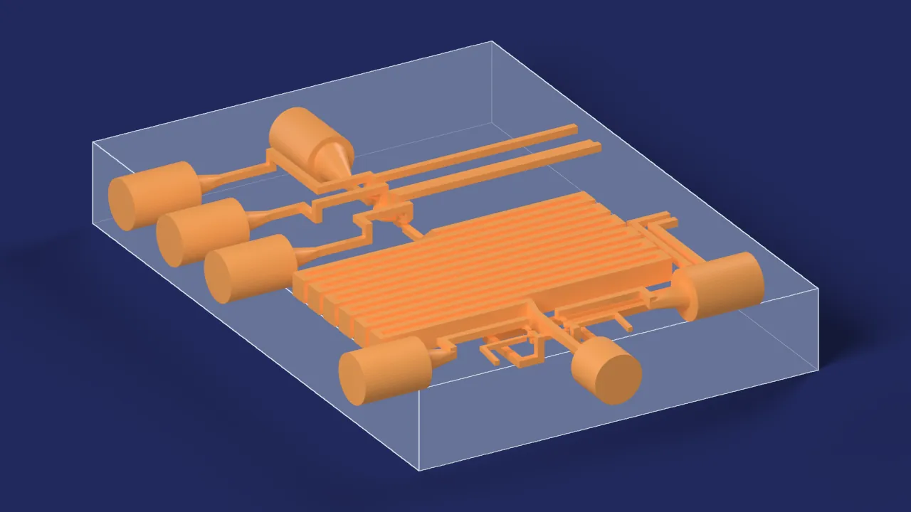 Three-valve pump with a serpentine channel. A computer drawing from its design files, not a photograph: its body drawn see-through, its channels in orange.