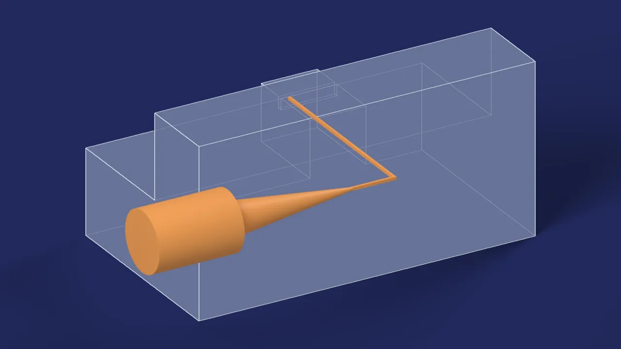 Channel for SEM imaging. A computer drawing from its design files, not a photograph: its body drawn see-through, its channels in orange.