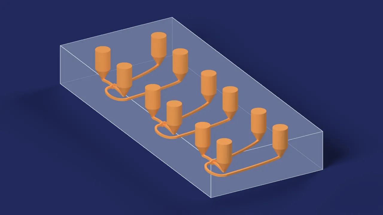 Squeeze valves. A computer drawing from its design files, not a photograph: its body drawn see-through, its channels in orange.