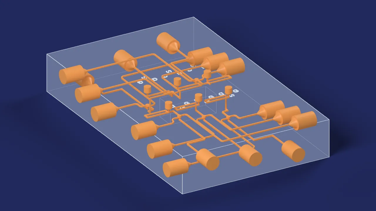 Weaver valve. A computer drawing from its design files, not a photograph: its body drawn see-through, its channels in orange. Its bubble trap, a sealed pocket that holds no liquid, is not drawn in orange.