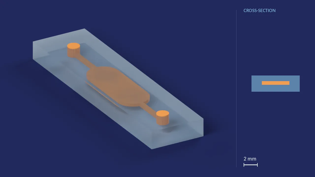 20 µL chamber chip, 500 µm deep. A computer render of the design, not a photograph: its body drawn see-through, its channels in orange. The chip is 27.9 mm × 7 mm × 2.3 mm. Beside it, its cross-section across the middle.