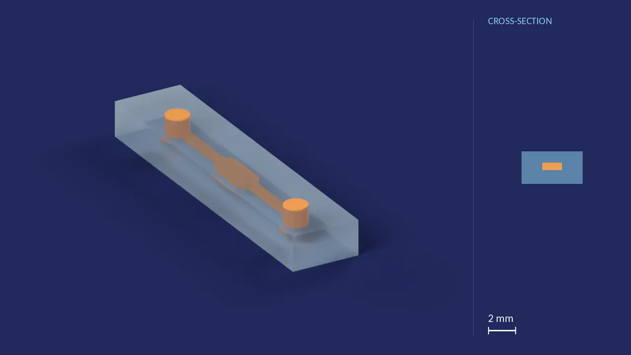 2.5 µL chamber chip, 500 µm deep. A computer render of the design, not a photograph: its body drawn see-through, its channels in orange. The chip is 20.8 mm × 4.41 mm × 2.3 mm. Beside it, its cross-section across the middle.