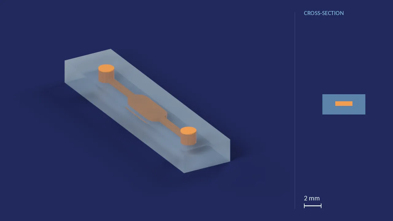 5 µL chamber chip, 500 µm deep. A computer render of the design, not a photograph: its body drawn see-through, its channels in orange. The chip is 22.4 mm × 5 mm × 2.3 mm. Beside it, its cross-section across the middle.