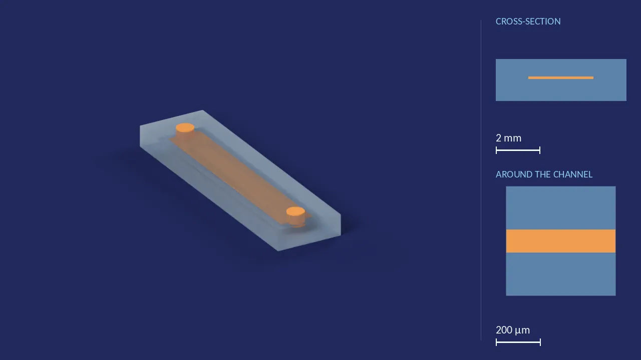 Straight-channel chip, 100 × 2910 µm, 18 mm long. A computer render of the design, not a photograph: its body drawn see-through, its channels in orange. The chip is 22.5 mm × 5.91 mm × 1.9 mm. Beside it, its cross-section across the middle, and a 500 µm window around the channel, which is 2.91 mm wide and 100 µm deep there.