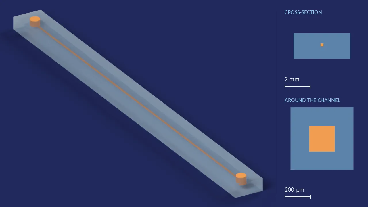 Straight-channel chip, 200 × 200 µm, 58.5 mm long. A computer render of the design, not a photograph: its body drawn see-through, its channels in orange. The chip is 63 mm × 4.5 mm × 2 mm. Beside it, its cross-section across the middle, and a 500 µm window around the channel, which is 200 µm wide and 200 µm deep there.