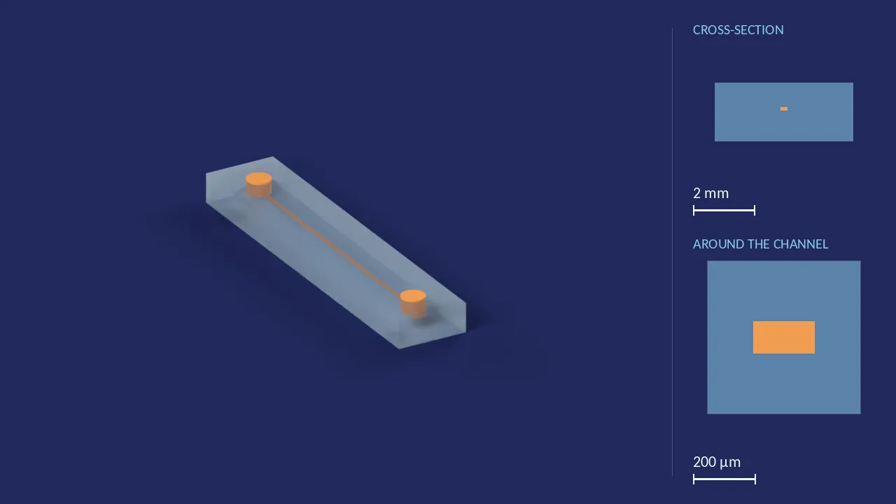 100 × 200 µm, 18 mm long — 1 of 16 channels (Fluidic 142). A computer render of the design, not a photograph: its body drawn see-through, its channels in orange. The chip is 22.5 mm × 4.5 mm × 1.9 mm. Beside it, its cross-section across the middle, and a 500 µm window around the channel, which is 200 µm wide and 100 µm deep there.