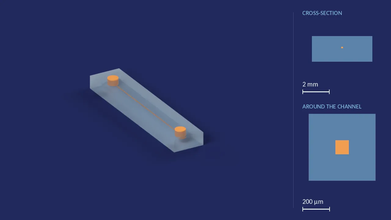 100 × 100 µm, 18 mm long — 1 of 8 channels (Fluidic 157). A computer render of the design, not a photograph: its body drawn see-through, its channels in orange. The chip is 22.5 mm × 4.5 mm × 1.9 mm. Beside it, its cross-section across the middle, and a 500 µm window around the channel, which is 100 µm wide and 100 µm deep there.