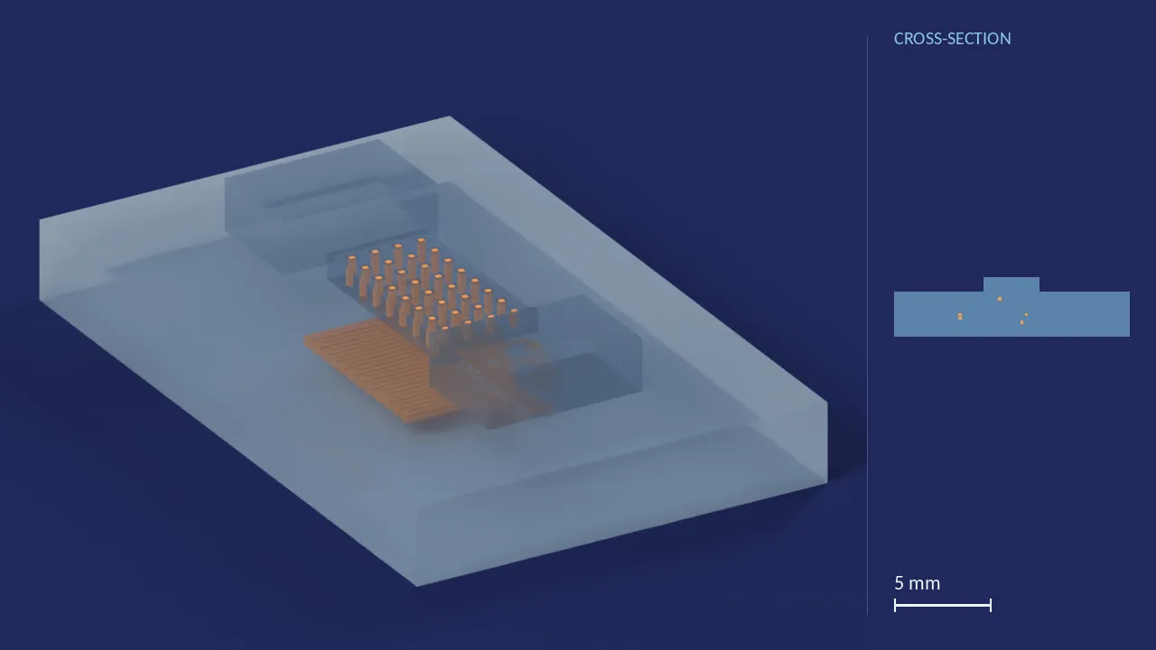 Cocaine Urinalysis Chip. A computer render of the design, not a photograph: its body drawn see-through, its channels in orange. The chip is 19.4 mm × 12.2 mm × 3.8 mm. Beside it, its cross-section across the middle.