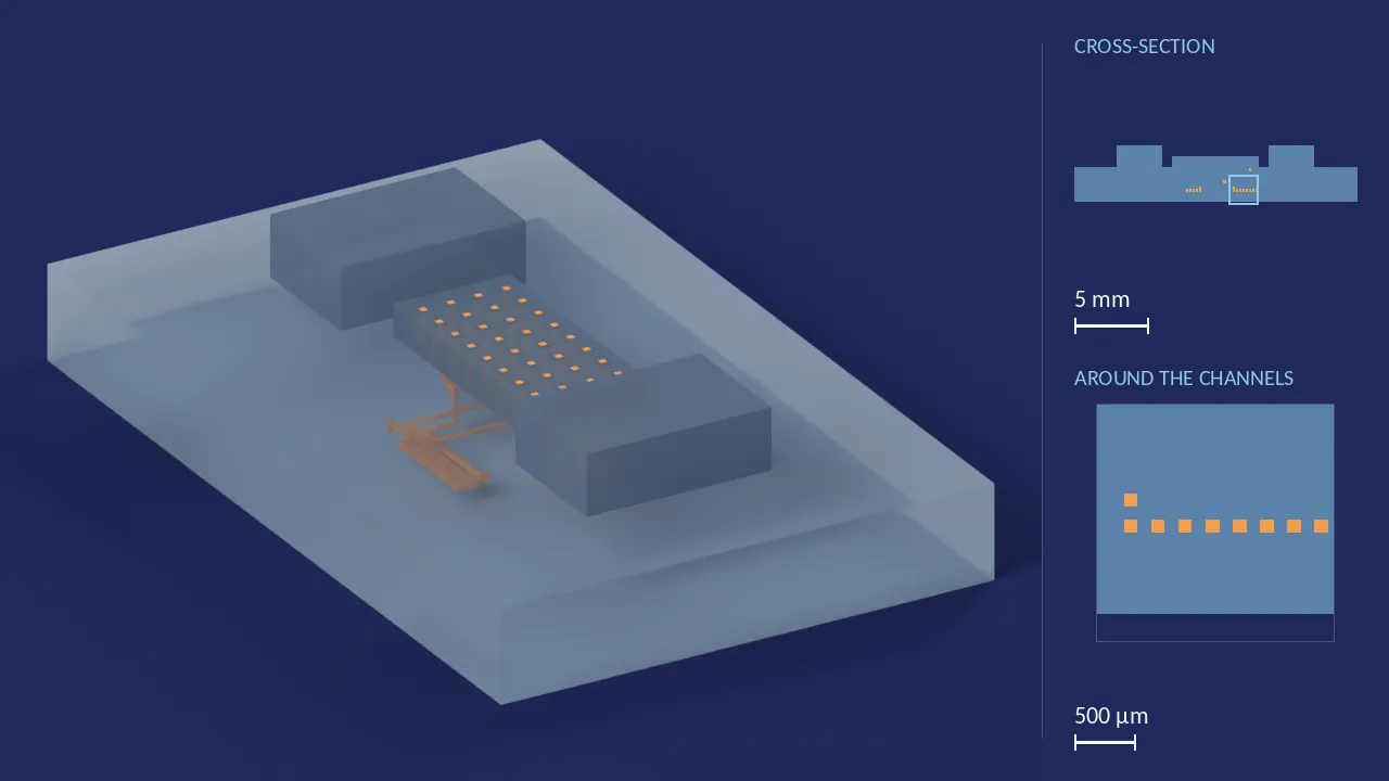 Nitrite Urinalysis Chip. A computer render of the design, not a photograph: its body drawn see-through, its channels in orange. The chip is 19.4 mm × 12.2 mm × 3.8 mm. On its top face stands its connector, a pedestal with 32 bores between two blocks, drawn in a darker tint. Beside it, a cross-section where it crosses the most channels, and a 2 mm window around them, marked on the section.