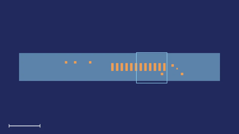 Cross-section of Three-valve pump with a serpentine channel: the resin in blue, the liquid in orange; a square marks the close-up.