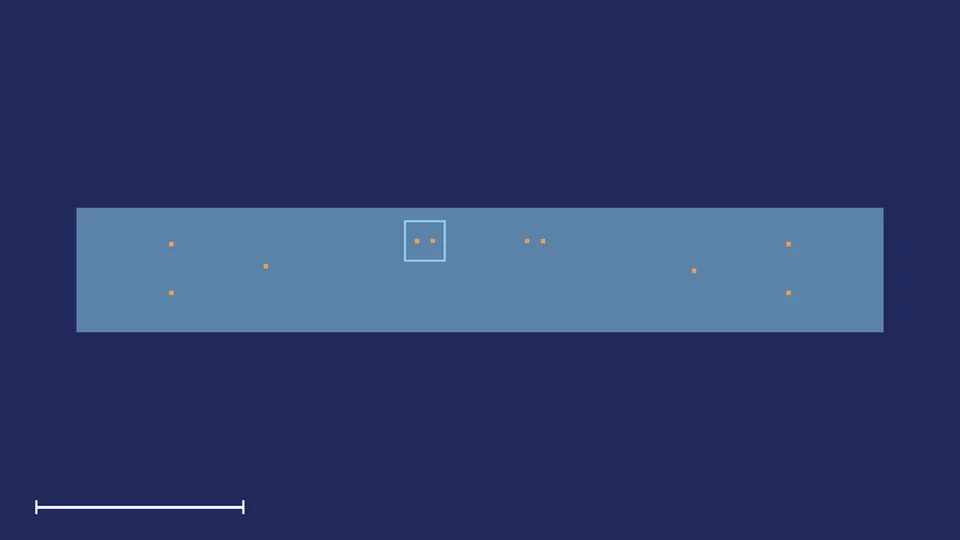 Cross-section of Weaver valve: the resin in blue, the liquid in orange; a square marks the close-up.