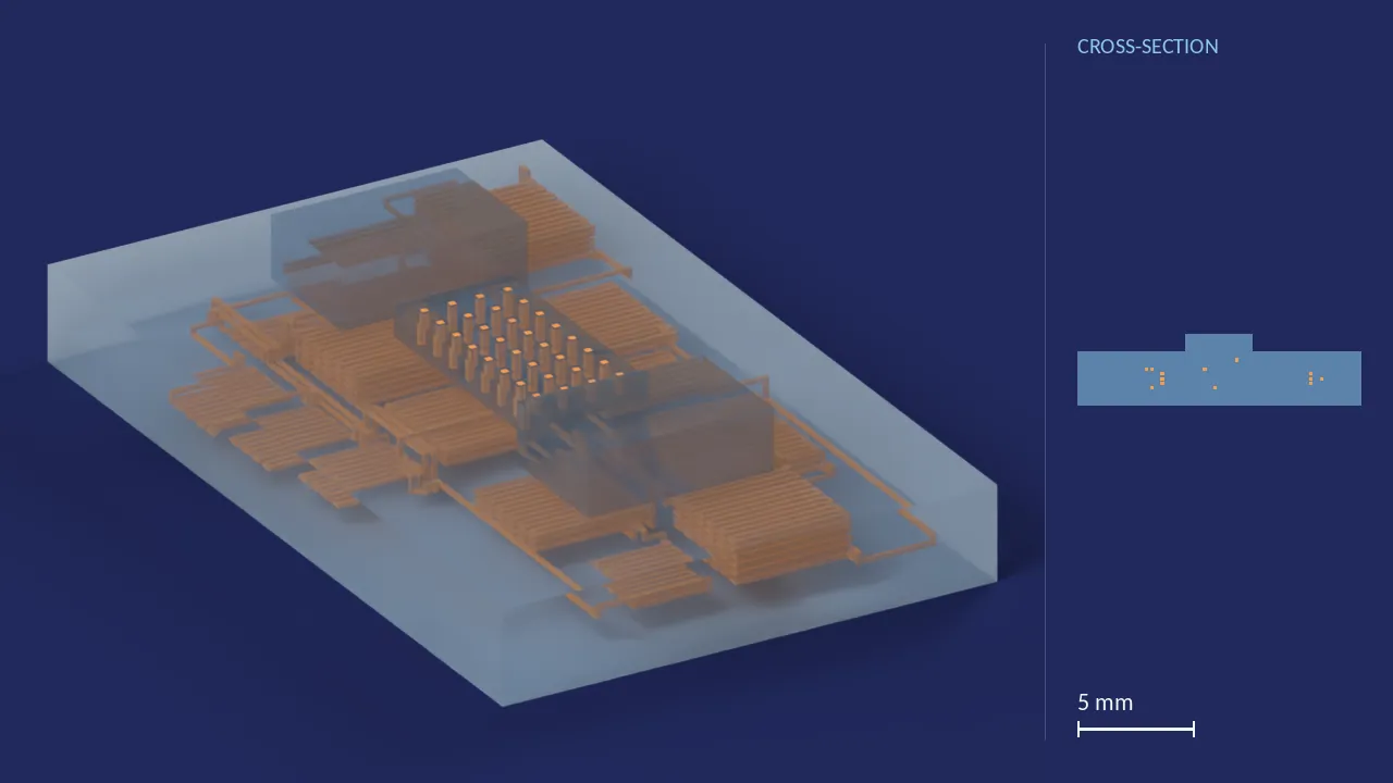 Calcium Quantification Chip (Smart Toilet). A computer render of the design, not a photograph: its body drawn see-through, its channels in orange. The chip is 19.4 mm × 12.2 mm × 3.8 mm. Beside it, its cross-section across the middle.