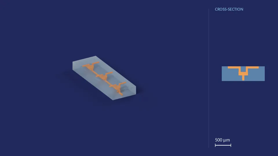pump_40px_centerfed_0. A computer render of the cell's channels, in orange, inside its footprint of 4.1 mm × 1.37 mm (from its LEF), drawn see-through; not a photograph. Beside it, its cross-section through the middle.