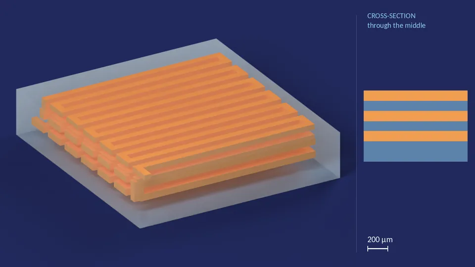 serpentine_300px_2. A computer render of the cell's channels, in orange, inside its footprint of 3.42 mm × 3.19 mm (from its LEF), drawn see-through; not a photograph. Beside it, its cross-section through the middle.