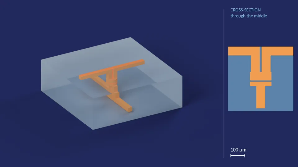 valve_20px_1out_0. A computer render of the cell's channels, in orange, inside its footprint of 1.37 mm × 1.37 mm (from its LEF), drawn see-through; not a photograph. Beside it, its cross-section through the middle.