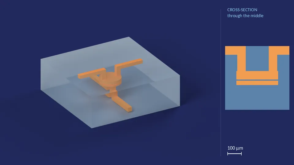 valve_40px_1out_0. A computer render of the cell's channels, in orange, inside its footprint of 1.37 mm × 1.37 mm (from its LEF), drawn see-through; not a photograph. Beside it, its cross-section through the middle.