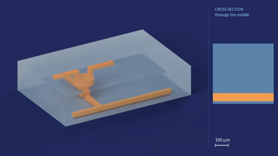 valve_40px_8out_0. A computer render of the cell's channels, in orange, inside its footprint of 1.37 mm × 2.05 mm (from its LEF), drawn see-through; not a photograph. Beside it, its cross-section through the middle.